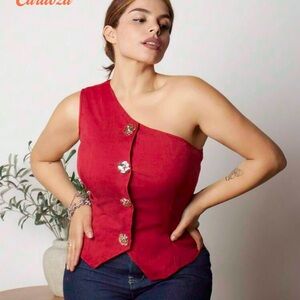 SHEIN Red Asymmetrical Buttoned Blouse